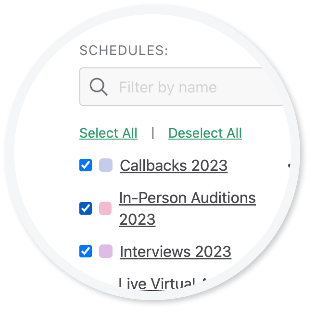 This image of Acceptd’s audition scheduling software demonstrates the ability to schedule in-person and virtual auditions on one platform.