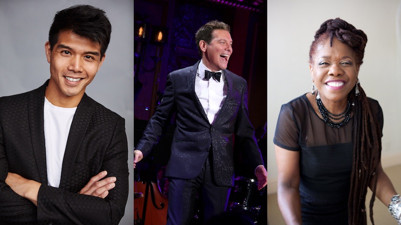 On left, Telly Leung headshot; Middle Michael Feinstein performing in a tux on stage; on right, Catherine Russell headshot